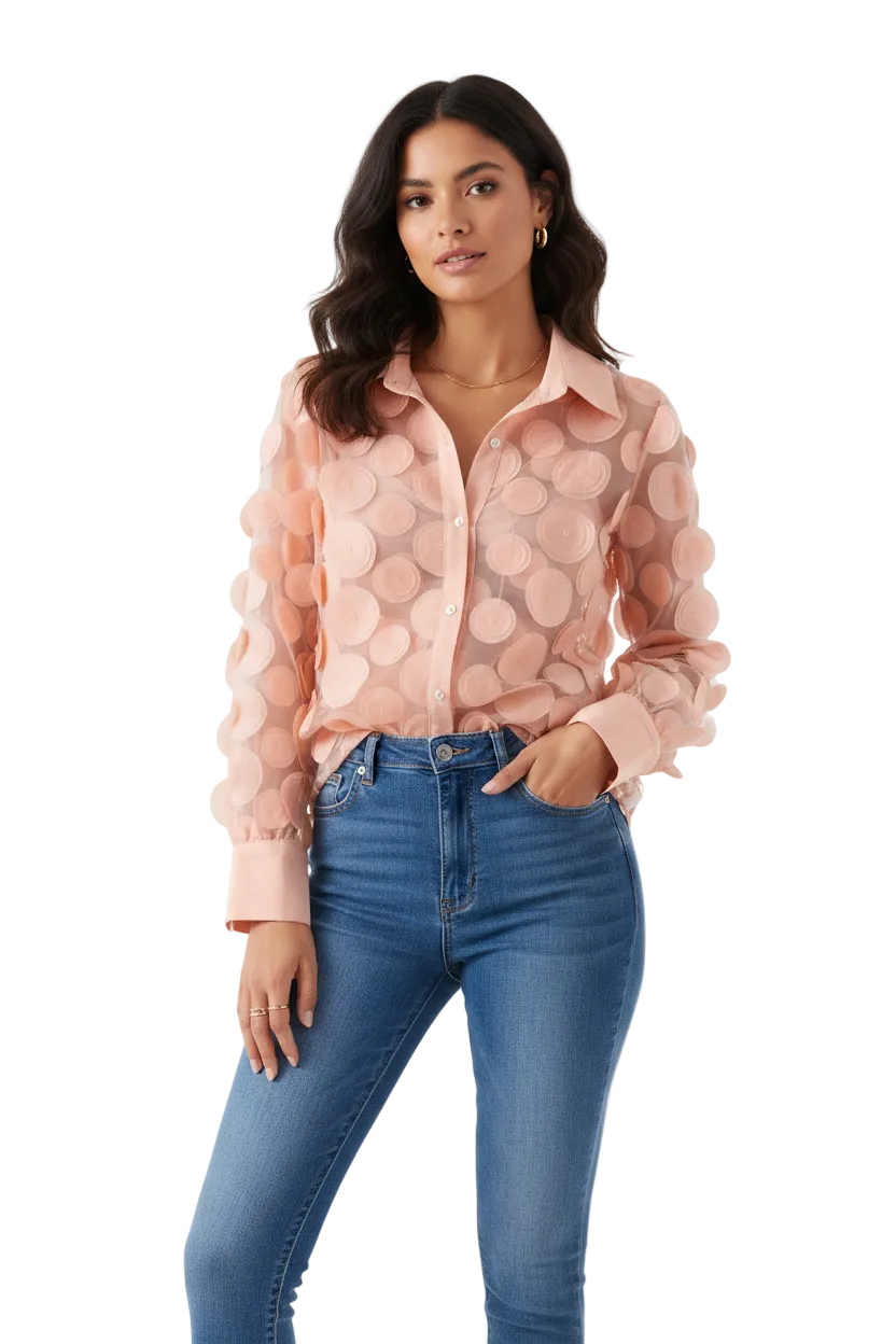 🍒Elegant french blouse 3D foral semi sheer mesh shirt top women lantern sleeve blouses summer Pick A Peach Or Two