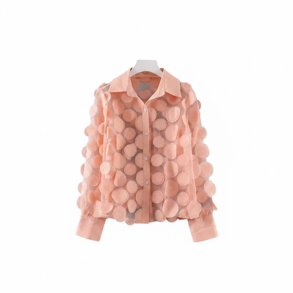 🍒Elegant french blouse 3D foral semi sheer mesh shirt top women lantern sleeve blouses summer Pick A Peach Or Two