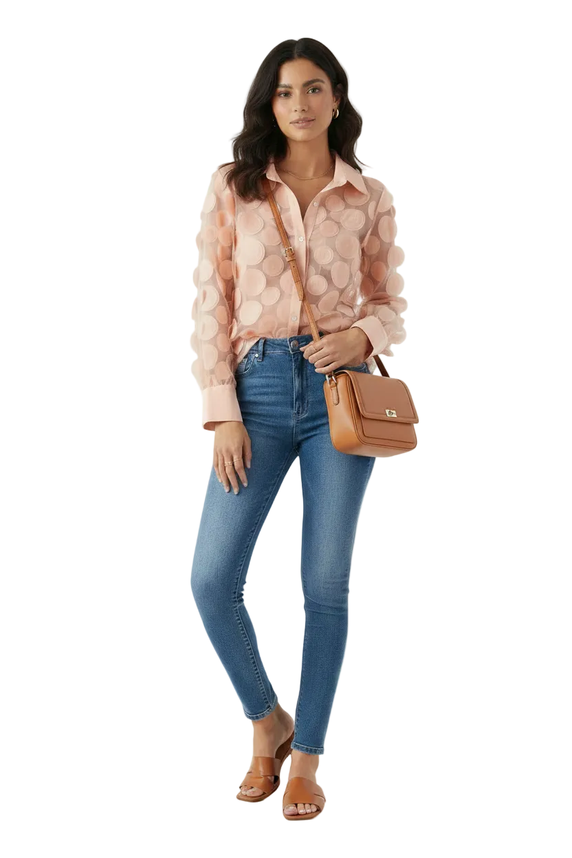 🍒Elegant french blouse 3D foral semi sheer mesh shirt top women lantern sleeve blouses summer Pick A Peach Or Two