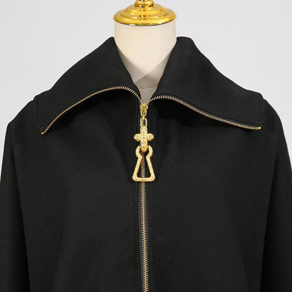🍒Oversized zipped coat women's fashion solid color long sleeve casual drawstring jacket black designer style spring autumn clothing   Big Up To Oversized Cool