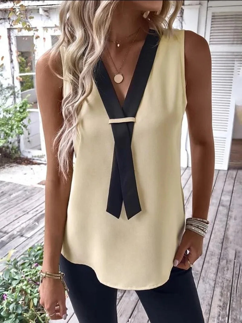 🍒Sleeveless v-neck tank top women casual blouses shirts for  summer ladies office wear occasion tops and blouses OPEN Up Your TIE Fashion