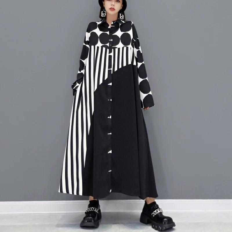 🍒Long sleeve loose fit shirt dress plus size woman black outfit with Dots striped fashion printed large smart casual dresses Spot The Stripes