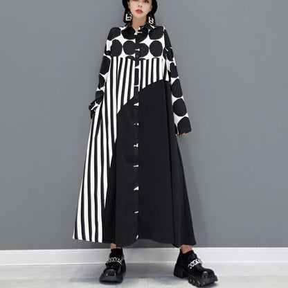 🍒Long sleeve loose fit shirt dress plus size woman black outfit with Dots striped fashion printed large smart casual dresses Spot The Stripes