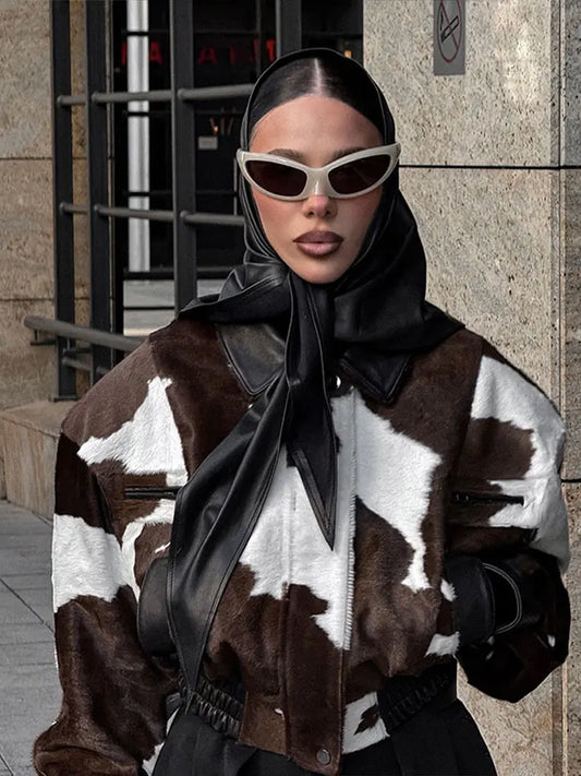 🍒Women's cow print Jacket with lapel collar short zipper coat for smart casual female outerwear  Warm    Milk (it) A Cow
