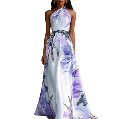 🍒Party vacation dress maxi floral fashion printed long outfit catwalk sleeveless party backless european and american occasion clothing Floor Them With A Floor Floral