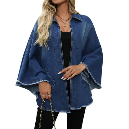 🍒Denim jacket women y2k pocket coat zipper poncho with turn down collar batwing sleeves  outerwear loose casual BAT For The DENIM team And WINg