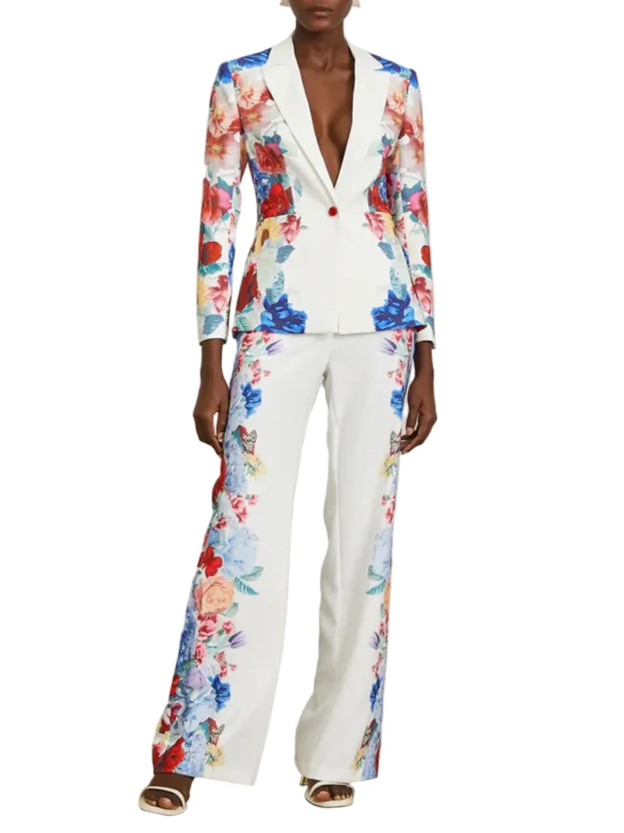 🍒Printed two piece pant set for women lapel long sleeves jacket  blazer and high waist wide leg trouser set floral fashion occasion wear party wear  keep aSIDE of FLORAL and SUITs