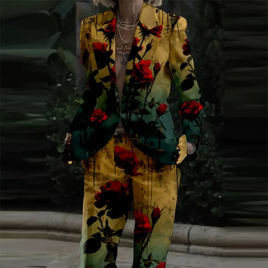 🍒Womens casual suits two piece loose pants set womens lapel long sleeve jacket and trouser set floral fashion pattern print outfit  Look Like Your On A Shoot In A Fruity Suit