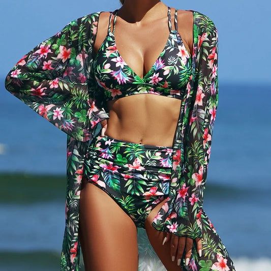 🍒Women's three-piece swimwear beach bathing suits brazilian bikini set pool bather female swim suits beach cover up Suited For beachwear