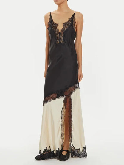 🍒Colour block lace dress sheer lace clothing for women long outfit v-neck sleeveless High wasit slim split dresses Female occasion wear party wear You wont be UNDER impressed with this FASHION  WEAR