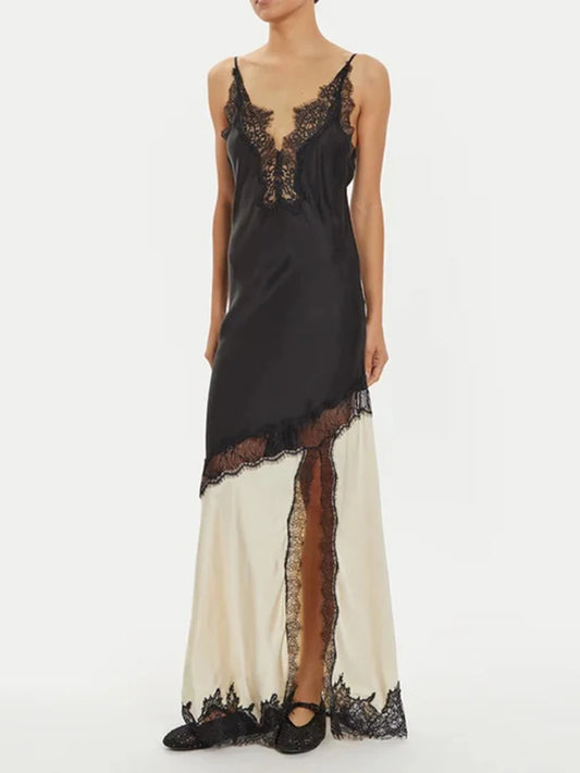 🍒Colour block lace dress sheer lace clothing for women long outfit v-neck sleeveless High wasit slim split dresses Female occasion wear party wear You wont be UNDER impressed with this FASHION  WEAR