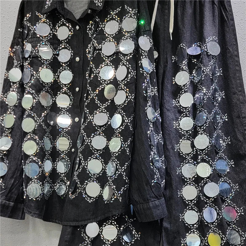 🍒Denim shirt big sequin Jacket plaid tops occasion partywear and matching high waist wide legs denim pants two piece sets women Dynamic Denim