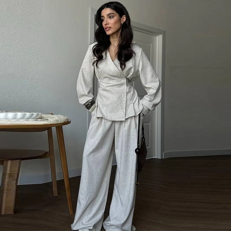 🍒Smart casual side button shirt for women shirt jacket flannel and wide leg pants matching set single-breasted outfit slim waist v-neck full sleeve top and trouser co ord No Flannel Fashion Flannel