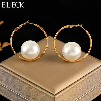 🍒Stainless steel large hoop earrings with pearl for women fashion exaggerated holiday Jewellery occasion earrings gift Bijoux Girly Pearl