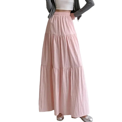 🍒High waist elastic maxi skirt long teired with ruffle stitching solid colour a-Line smart casual fashion for women clothing for all seasons A+ For This A-line