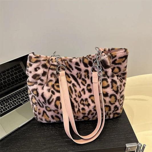🍒Leopard print tote bag large capacity over shoulder bag fur shopper bag women's faux fur handbags for college Carry Animal