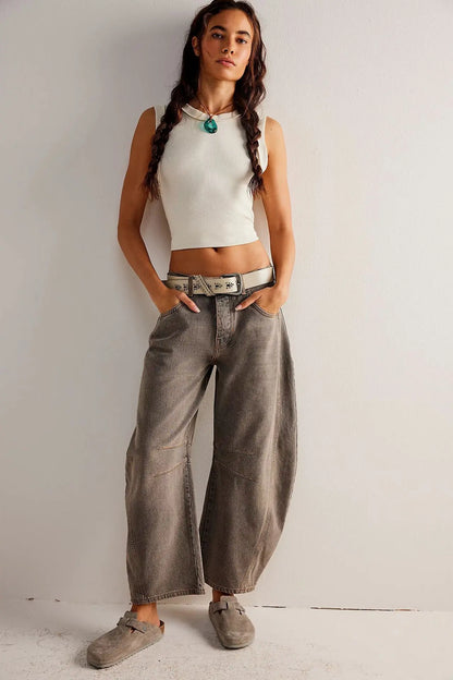 🍒Loose mid waist Jeans bleached denim style full length pants fashion solid colour trousers with pockets casual wear for women Barrels Of Style