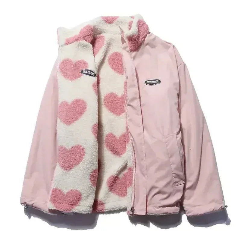 🍒Fashion Stand-up Collar OutwearFaux lambswool fur jacket women's warm coat autumn winter outerwear for women heart print stand collar coat Ya Hearts Printed On This