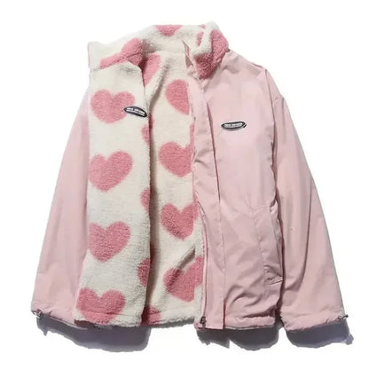 🍒Fashion Stand-up Collar OutwearFaux lambswool fur jacket women's warm coat autumn winter outerwear for women heart print stand collar coat Ya Hearts Printed On This