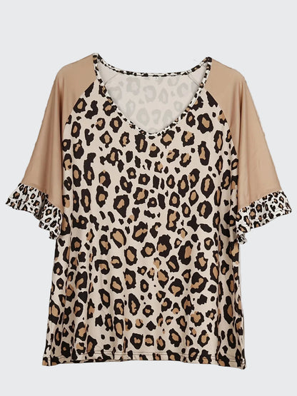 🍒Plus size leopard print clothing t-shirt with v-neck short sleeve tee smart casual women's plus size clothing Enjoy A Choclate Caramel Animal
