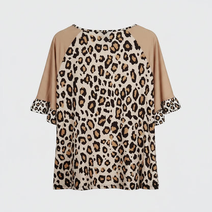 🍒Plus size leopard print clothing t-shirt with v-neck short sleeve tee smart casual women's plus size clothing Enjoy A Choclate Caramel Animal