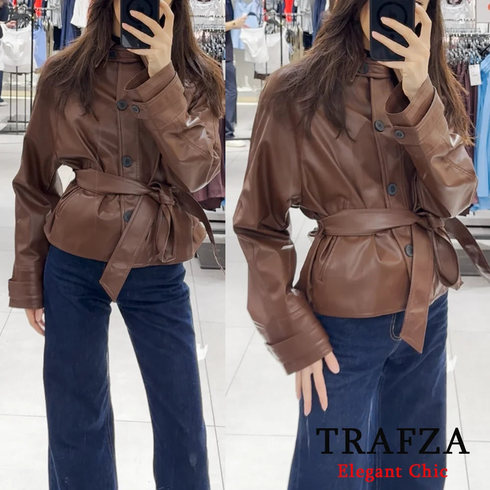 🍒Faux leather short trench coat with belt spring fall fashion commuter jacket women stylish street coat smart casual outerwear Leather Looking Lavish