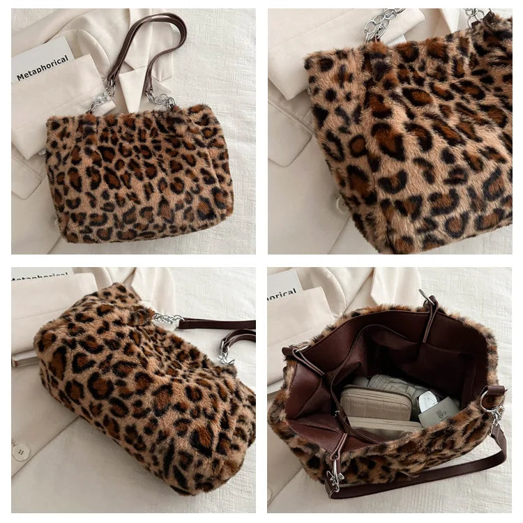 🍒Leopard print tote bag large capacity over shoulder bag fur shopper bag women's faux fur handbags for college Carry Animal
