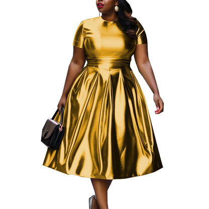 🍒A-line shiny dress metallic short sleeve midi for women plus size outfit fit and flare elastic dress smart casual clothing Summer Stunner