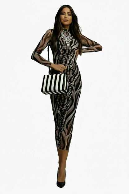 🍒Printed mesh long dress women party wear multicolour outfit fold design slim fit long sleeve maxi o-neck occasion wear party wear outfit Drooly Drape