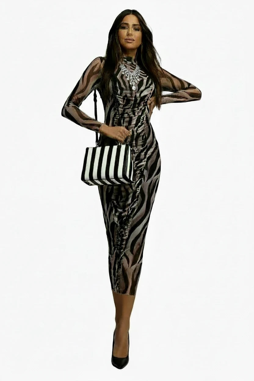 🍒Printed mesh long dress women party wear multicolour outfit fold design slim fit long sleeve maxi o-neck occasion wear party wear outfit Drooly Drape