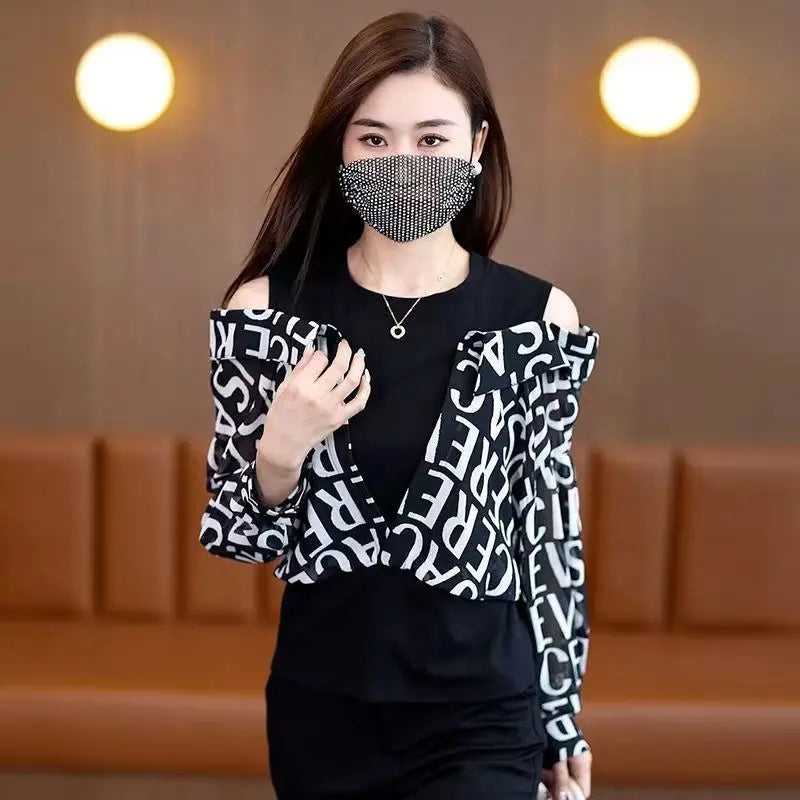 🍒Fake two piece shirt cotton blouse for women off shoulder top cool blue stripe shirt Woman Particular Trends Youth