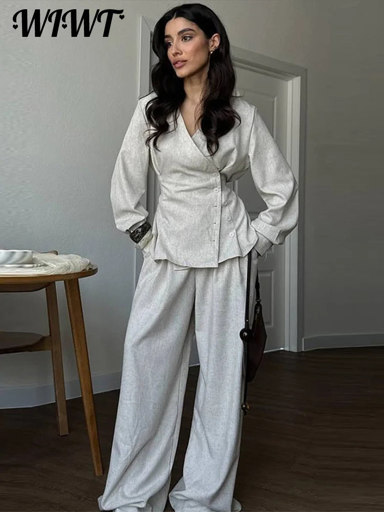 🍒Smart casual side button shirt for women shirt jacket flannel and wide leg pants matching set single-breasted outfit slim waist v-neck full sleeve top and trouser co ord No Flannel Fashion Flannel