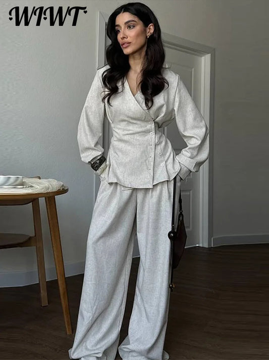 🍒Smart casual side button shirt for women shirt jacket flannel and wide leg pants matching set single-breasted outfit slim waist v-neck full sleeve top and trouser co ord No Flannel Fashion Flannel