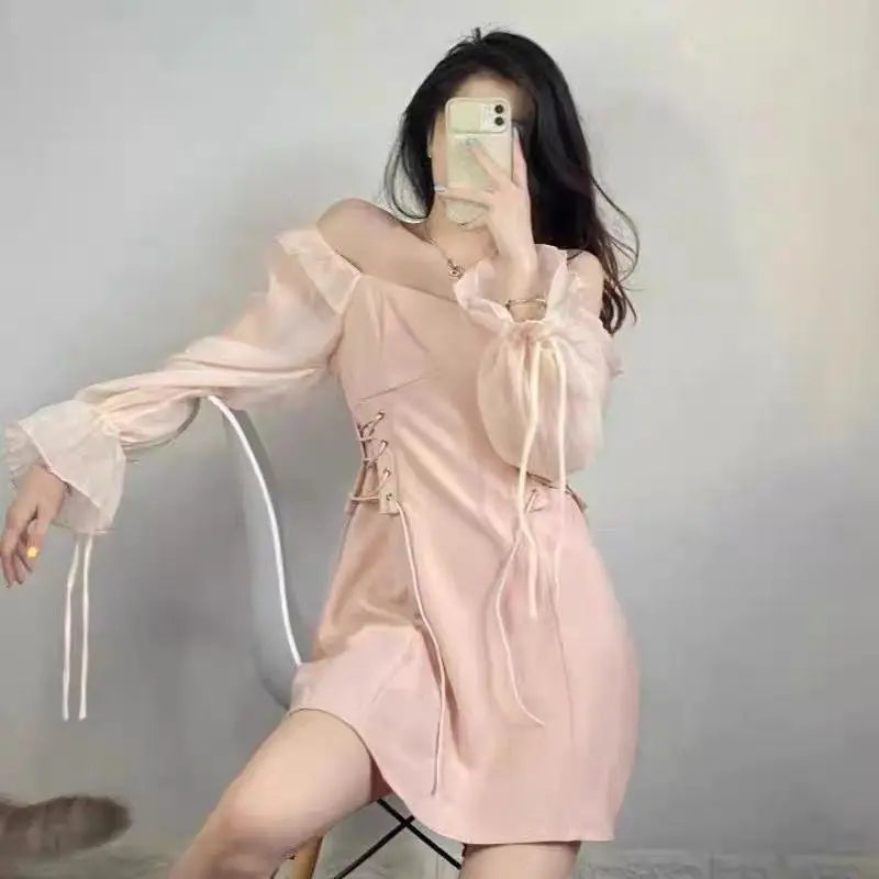 🍒Pink dresses women spring summer sweet heart neckline outfit a-line mini dress with puff sleeves lace up draw string sides waist feminine fashion A- Pretty Pink