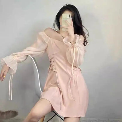 🍒Pink dresses women spring summer sweet heart neckline outfit a-line mini dress with puff sleeves lace up draw string sides waist feminine fashion A- Pretty Pink