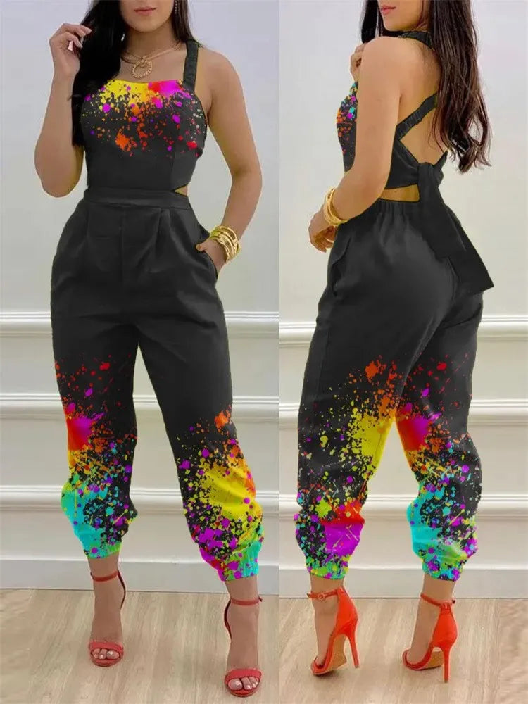 🍒Summer printed jumpsuit backless with straps fashion sleeveless one piece casual wear womens romper outfit with bows pocket trousers Overall Colourful Cool