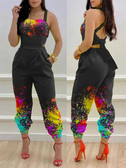 🍒Summer printed jumpsuit backless with straps fashion sleeveless one piece casual wear womens romper outfit with bows pocket trousers Overall Colourful Cool