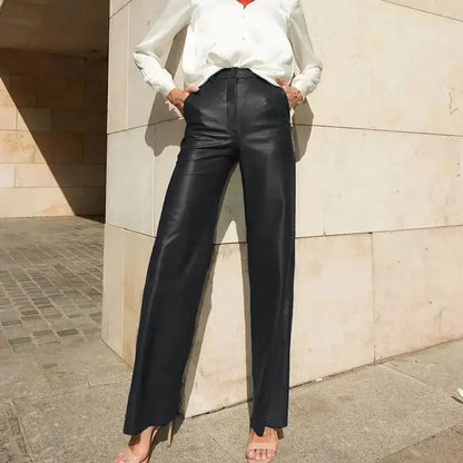 🍒Women's pu leather trousers high waisted hip lifting fashion straight leg pants smart casual clothimg party occasionwear