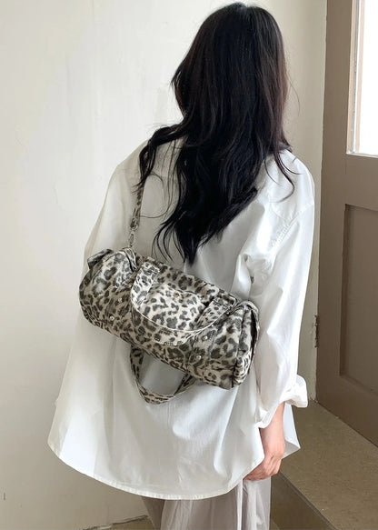 🍒Vintage leopard handbag rivet bag motorcycle barrel shaped crossbody bag boston casual female shoulder fashion totes  Jump On This Animal Its Barrels Of Fun