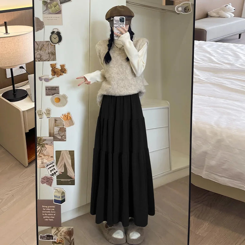🍒Women's knitted skirts high waisted long loose soft a-line fashion tiered midi skirt outfit casual preppy style clothing  Ease Into Jersey