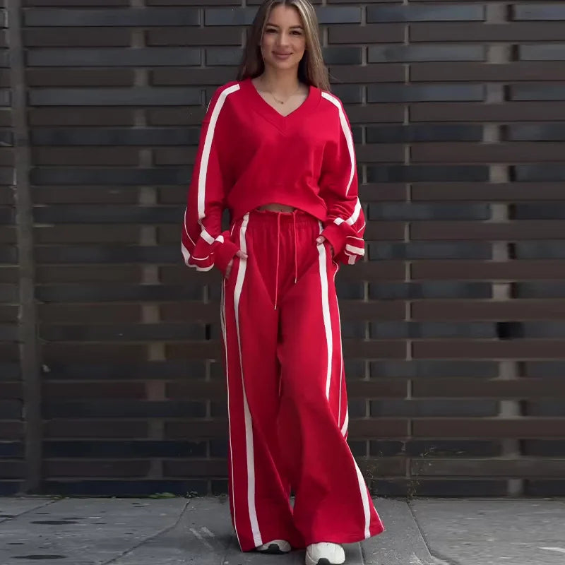 🍒Women two piece pant sets stripe sleeve sweatshirt loose v-neck top and wide stripe leg trousers sporty crop top tracksuit summer autumn wide leg pants with drawstring waist Sport A cheerful Cherri