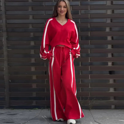🍒Women two piece pant sets stripe sleeve sweatshirt loose v-neck top and wide stripe leg trousers sporty crop top tracksuit summer autumn wide leg pants with drawstring waist Sport A cheerful Cherri