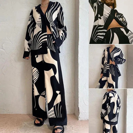 🍒Print shirt womens 2 piece sets loose long sleeve shirt and wide leg pants female suit Summer smart casual outfits ladiy Fashion occasion party wear occasion evening wear