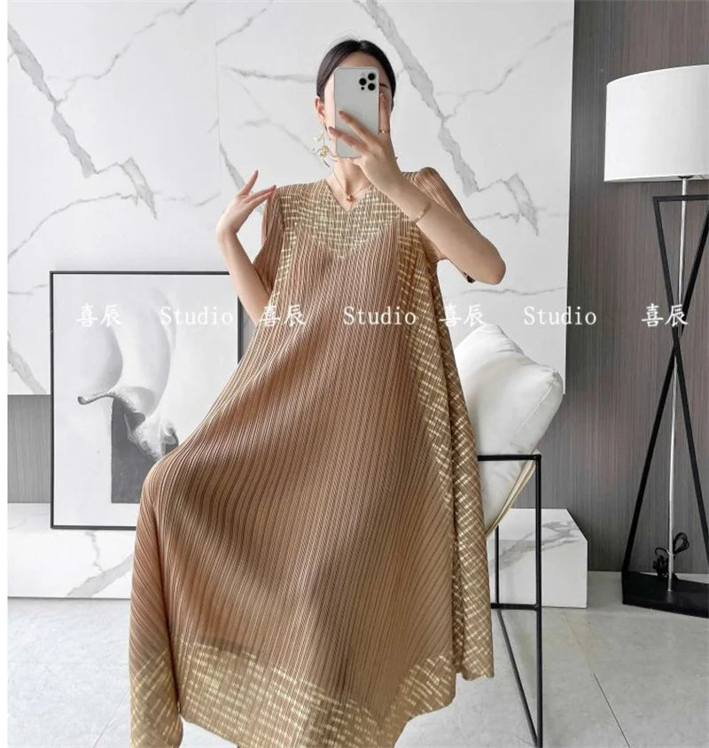 🍒Long dresses spring and autumn clothes plus size outfit a-line smart casual women pleated ring printed party wear A- Swirl Of a Dress