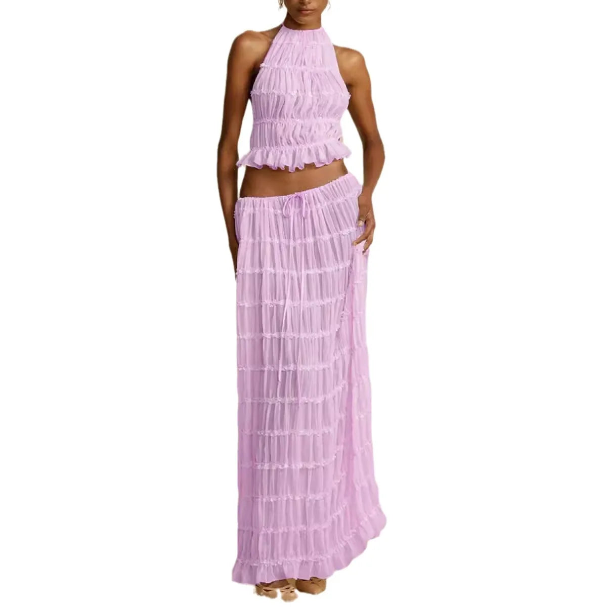 🍒Casual outfit long skirt maxi and sleeveless backless tops for women high waisted long straight skirt beach chic suit  Lovely Ruchie Rufflie