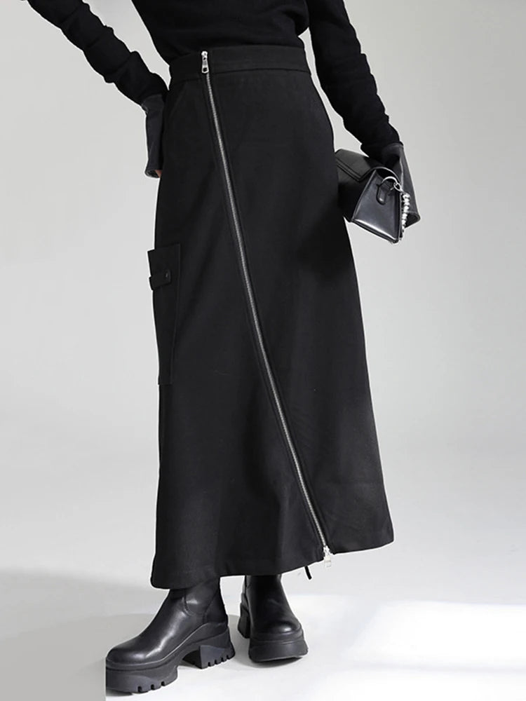 🍒High waist irregular long skirt black with slit zipper and pocket midi fashion long smart casual clothing for women party occasion wear Zip This Up And Look Lovely In Liquorise