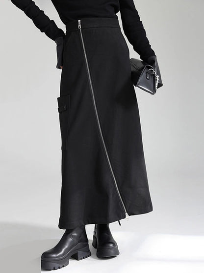 🍒High waist irregular long skirt black with slit zipper and pocket midi fashion long smart casual clothing for women party occasion wear Zip This Up And Look Lovely In Liquorise