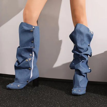 🍒Denim boots for Women blue multi snap-fastener pleated shoes with zip wide calf length boots winter footwear Cute Cowboy