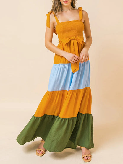 🍒Women’s tie shoulder dress summer sleeveless contrast colour outfit a-line long flowy summer wear female casual clothes Get On The BANDwagon With STRIPES