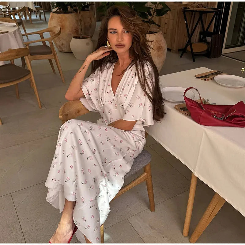 🍒Summer printed v-neck dress  with flower print womens fashion slim fit waist short butterfly sleeve long summer outfit with short sleeves high waist office wear cute comfy casu classy